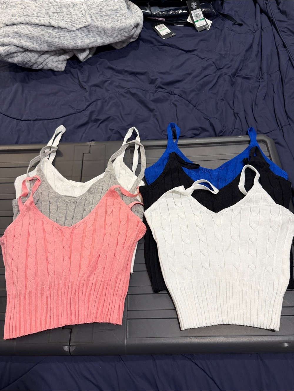 Cable Knit V-Neck Crop Tank Top - White, Pink, Gray, Black, Blue